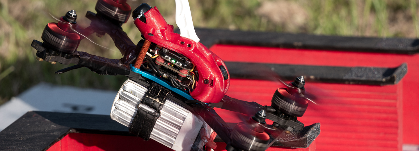 Close-up photo of drone taking off.